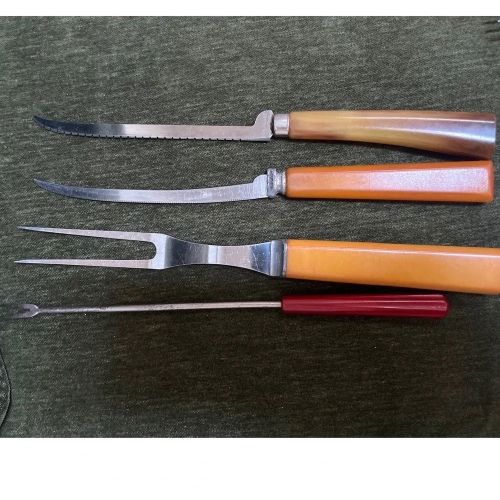 Vtg Mixed Lot Bakelite Flatware Butterscotch Yellow Cherry Red 15Pc MCM Art Deco